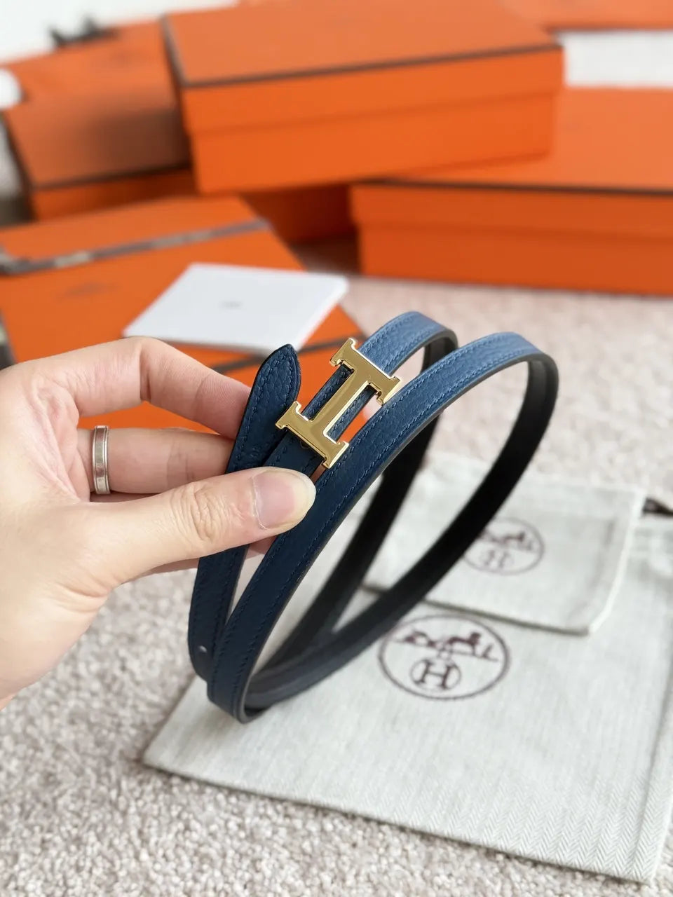 Hermes Blue Leather Belt gold - Hình 3