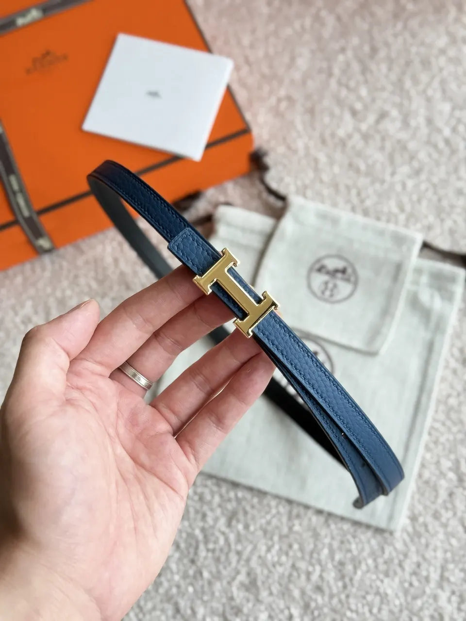 Hermes Blue Leather Belt gold - Hình 4