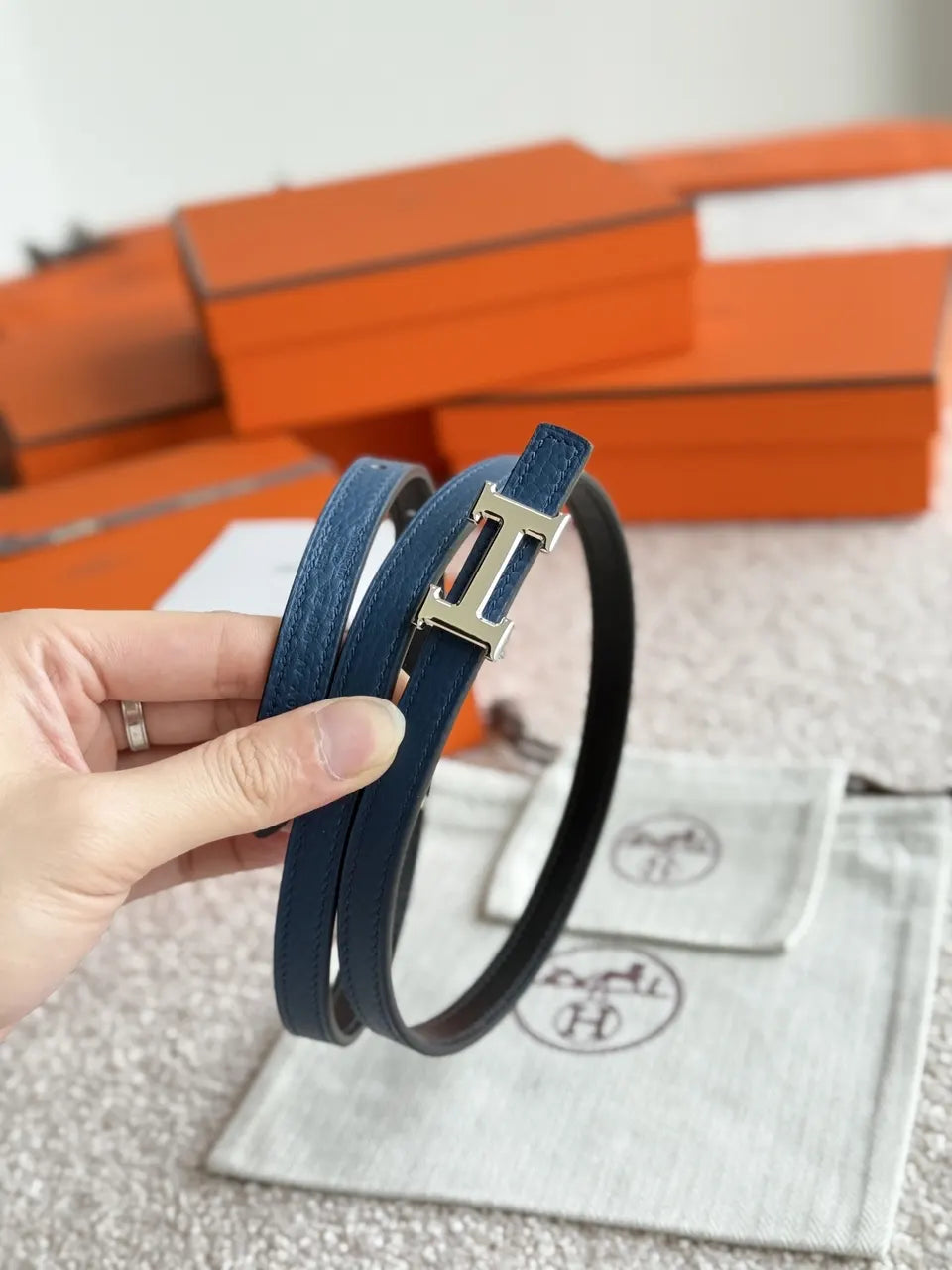 Hermes Blue Leather Belt gold - Hình 6