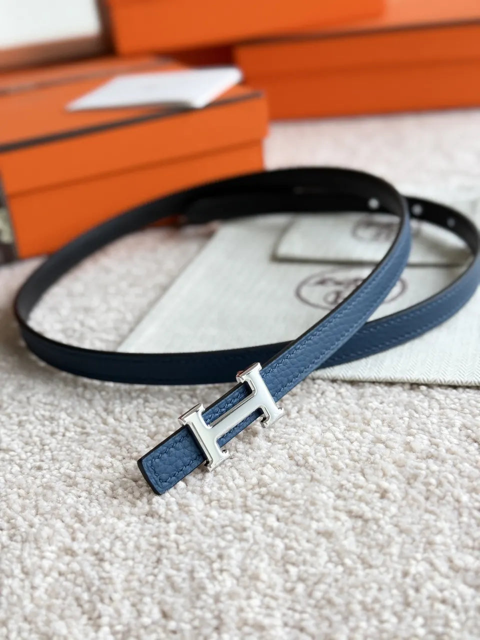 Hermes Blue Leather Belt gold - Hình 7