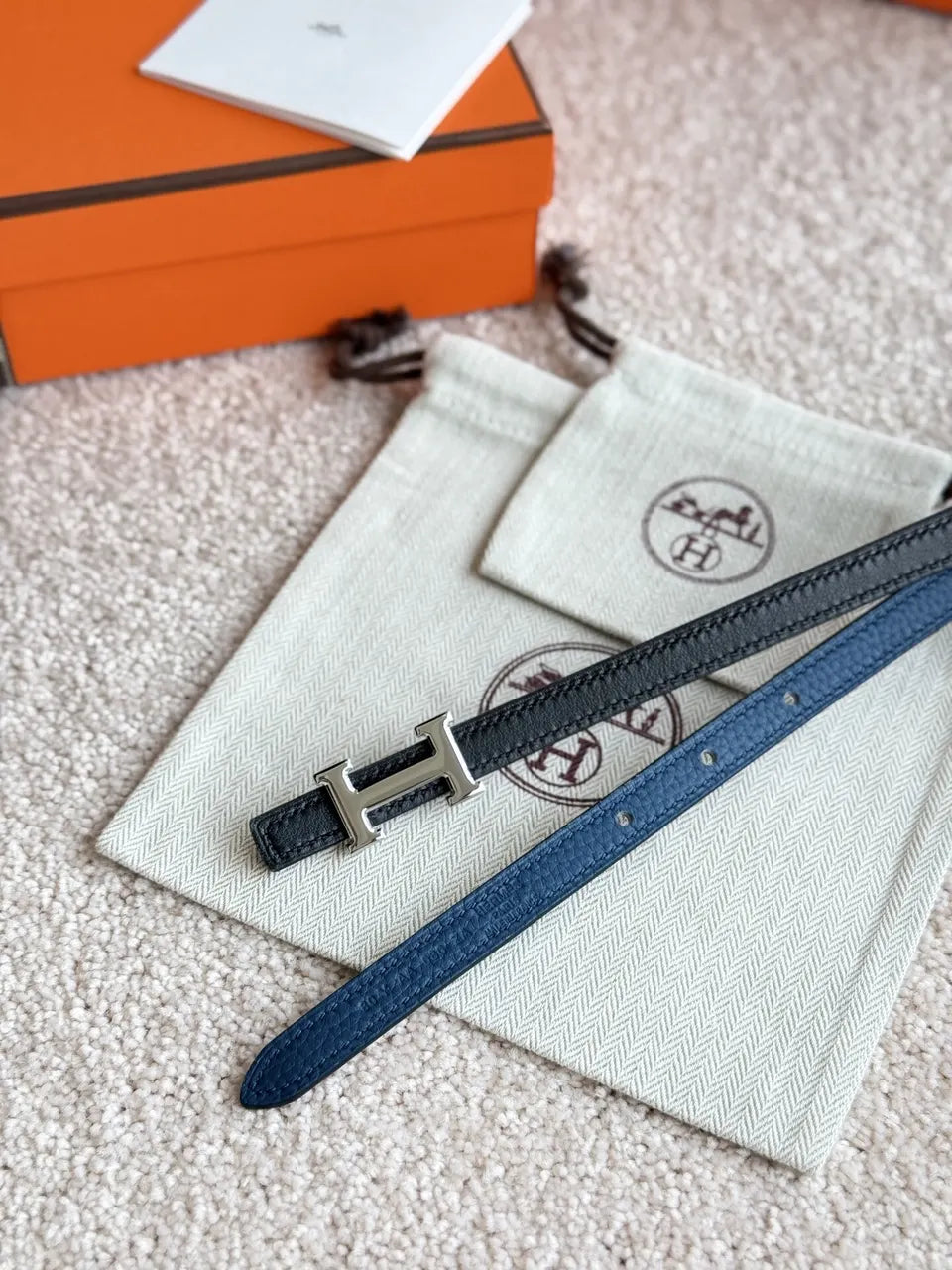 Hermes Blue Leather Belt gold - Hình 8