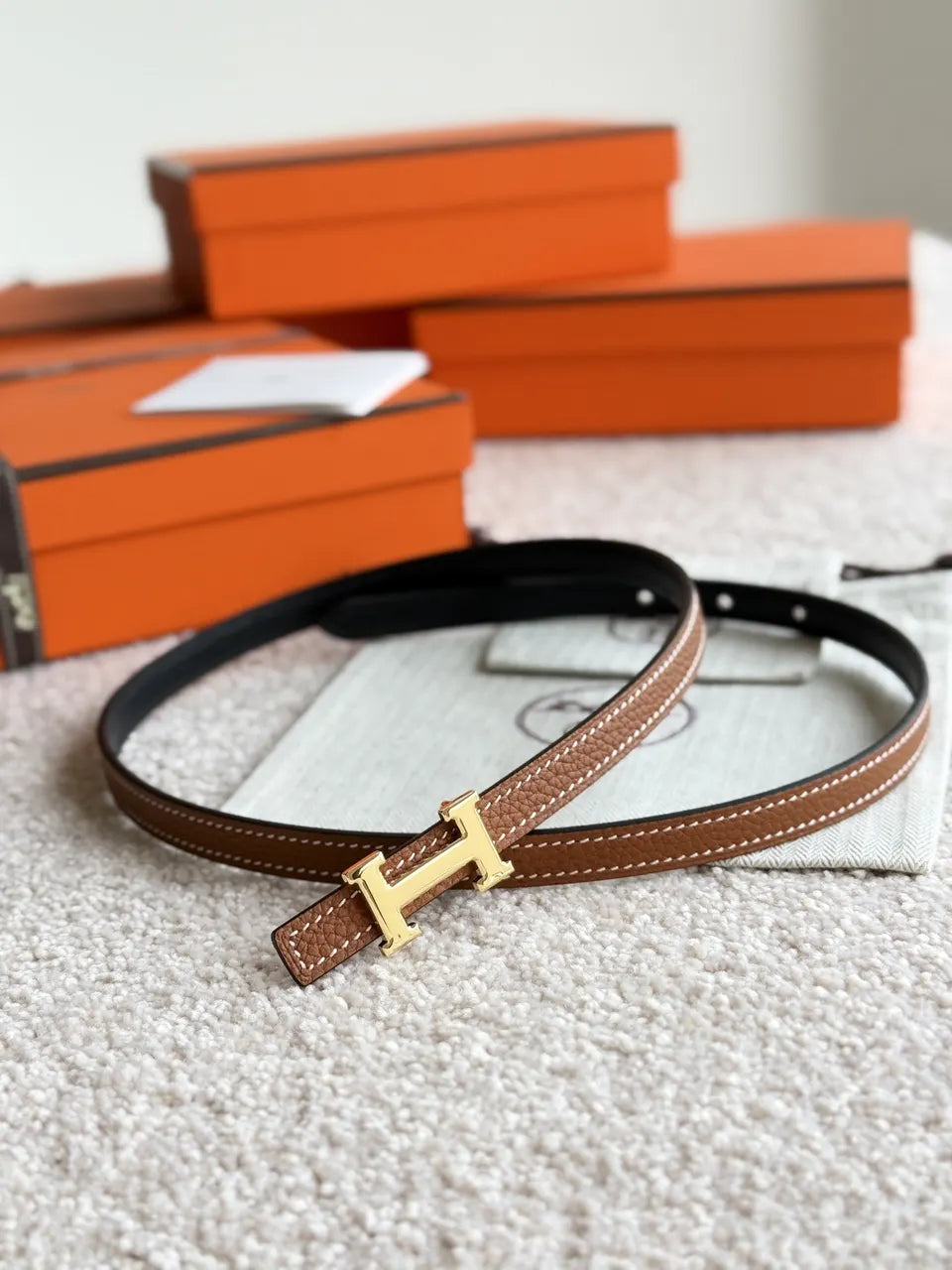 Hermes Gold Buckle Tan Slim Leather Belt