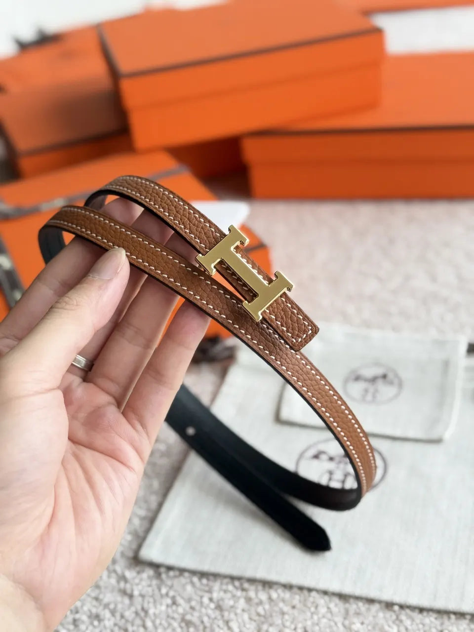 Hermes Gold Buckle Tan Slim Leather Belt - Hình 2