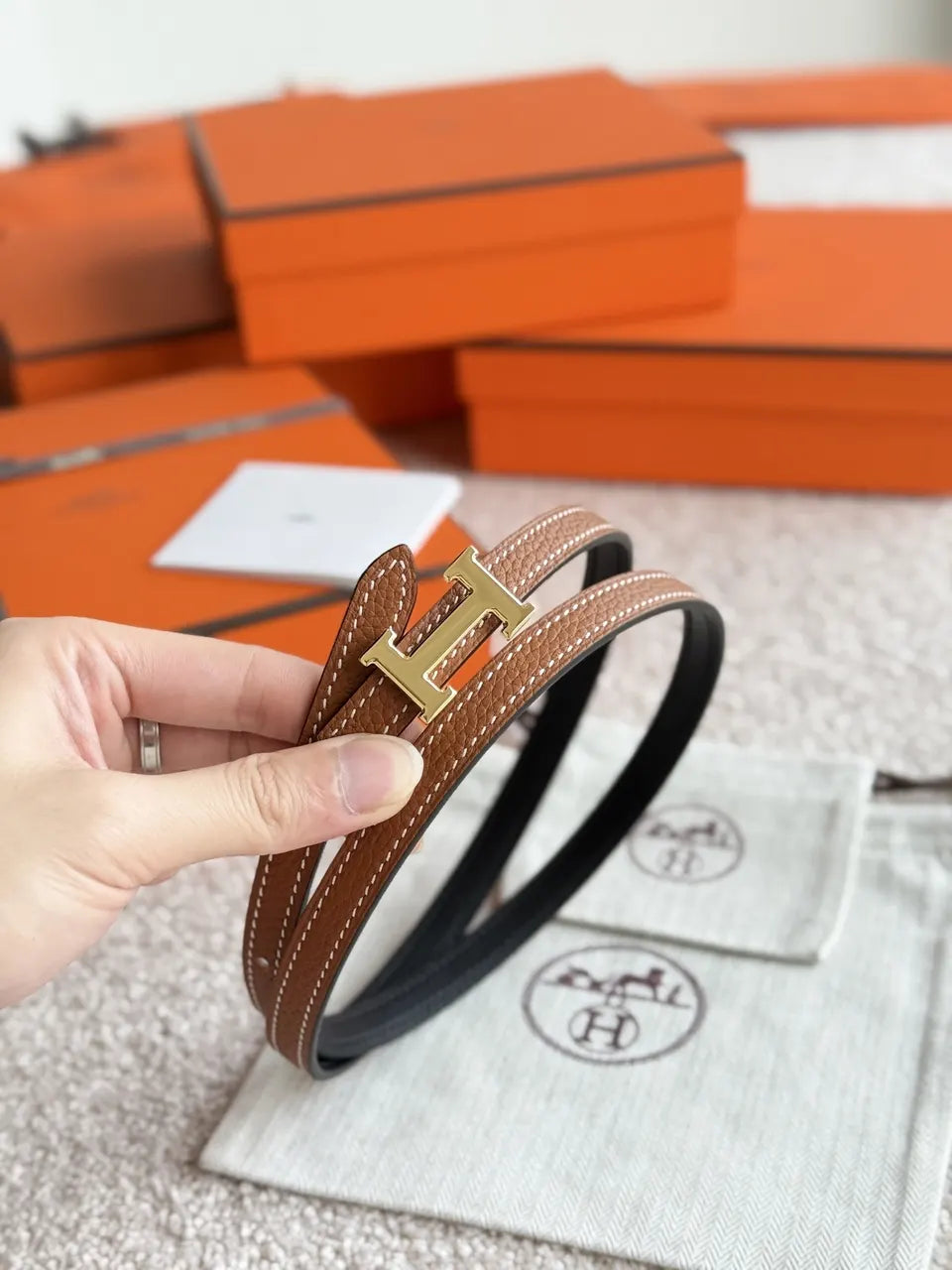 Hermes Gold Buckle Tan Slim Leather Belt - Hình 3