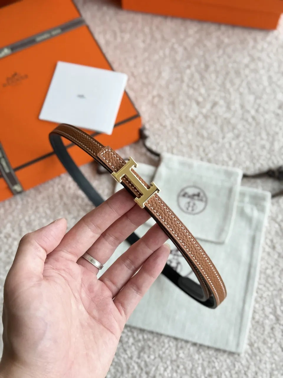Hermes Gold Buckle Tan Slim Leather Belt - Hình 4