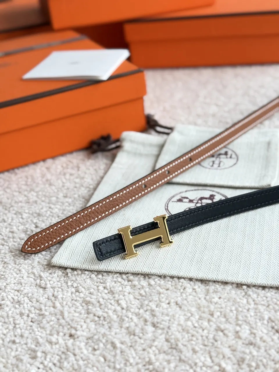 Hermes Gold Buckle Tan Slim Leather Belt - Hình 5