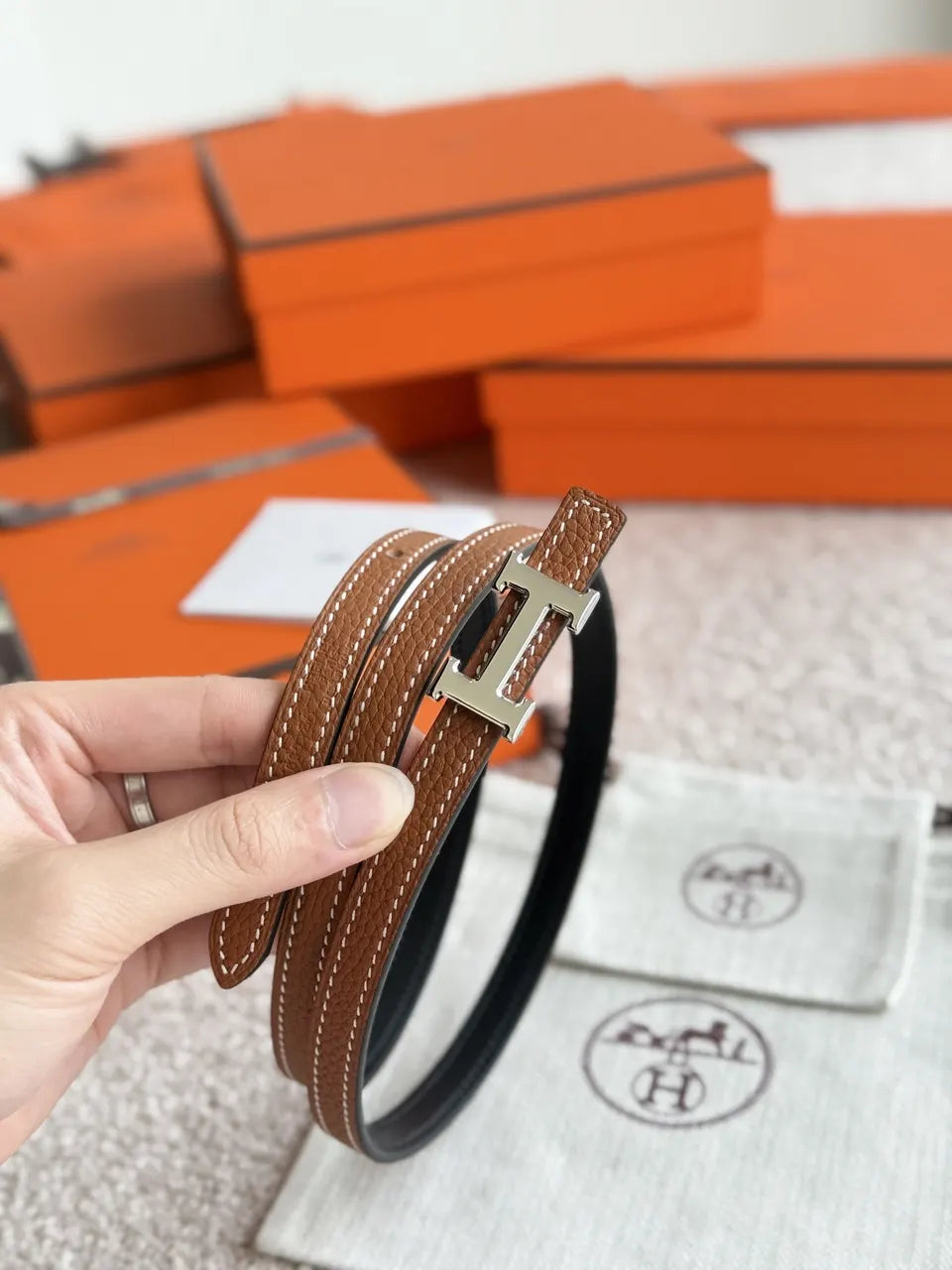 Hermes Gold Buckle Tan Slim Leather Belt - Hình 6