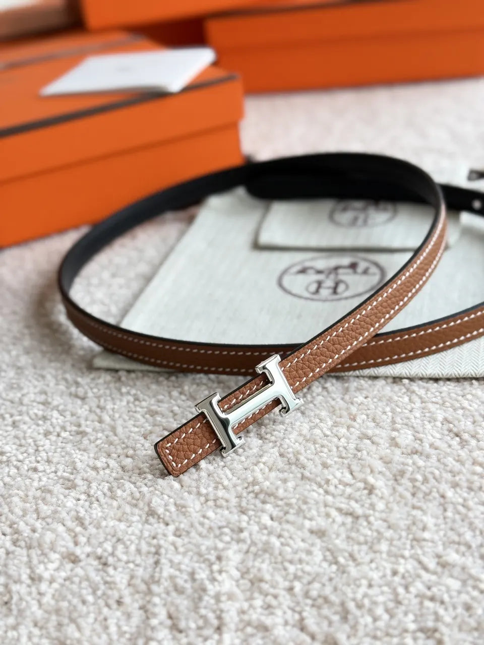 Hermes Gold Buckle Tan Slim Leather Belt - Hình 7