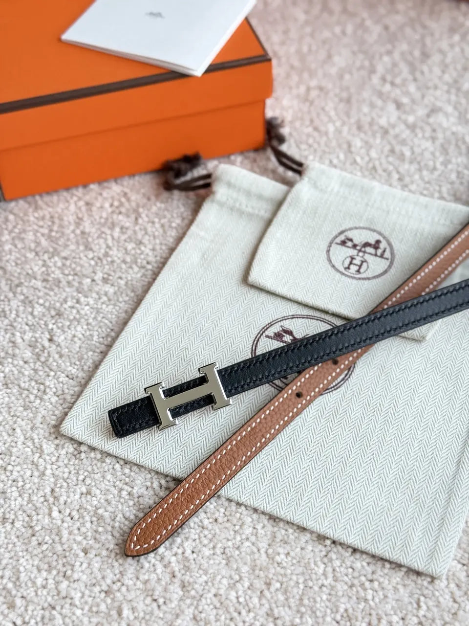 Hermes Gold Buckle Tan Slim Leather Belt - Hình 8