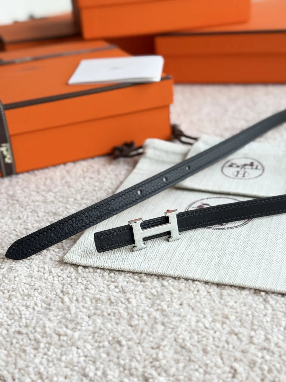 silver Hermes Black Swift Leather Belt - Hình 5