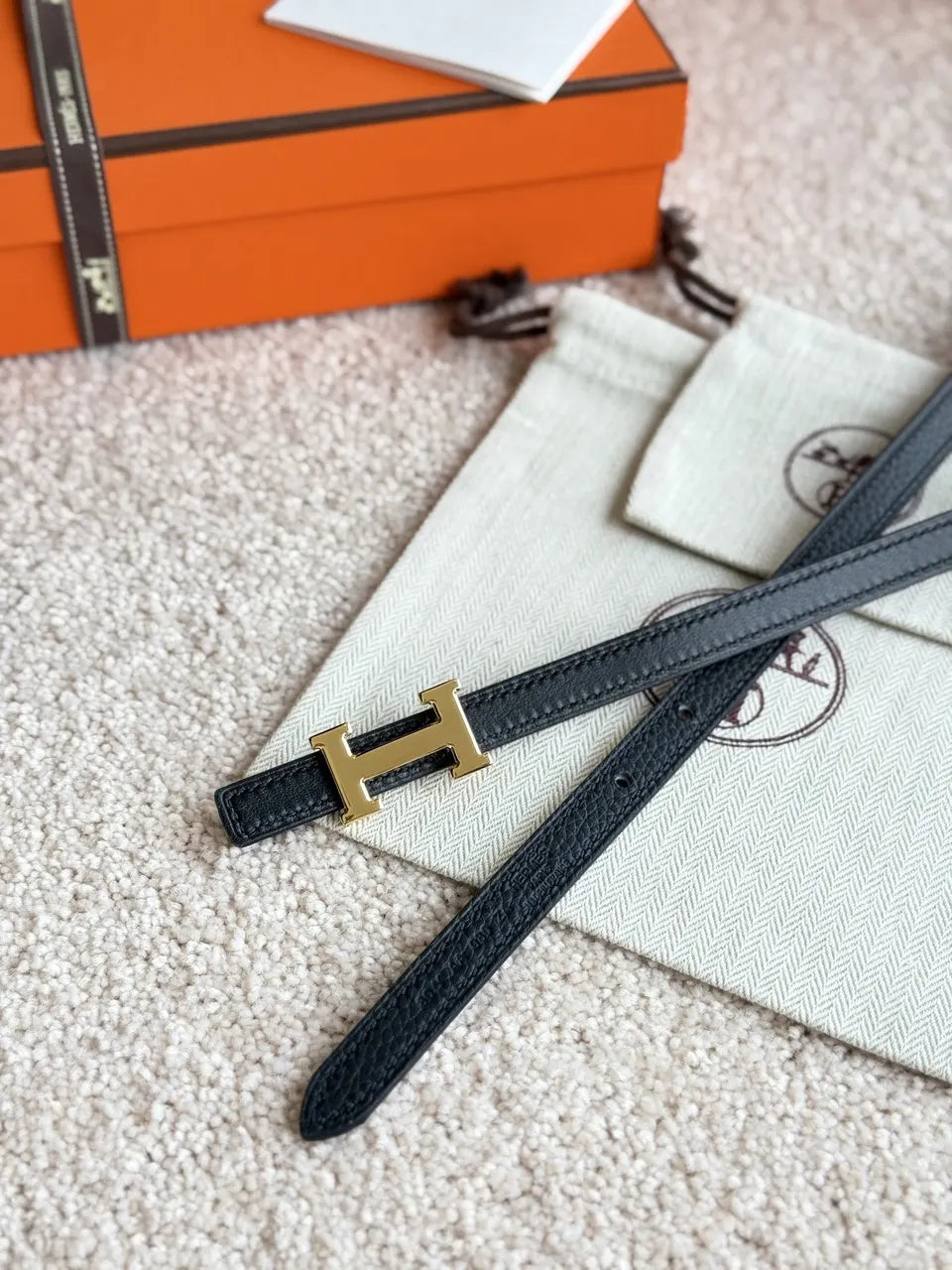 silver Hermes Black Swift Leather Belt - Hình 8