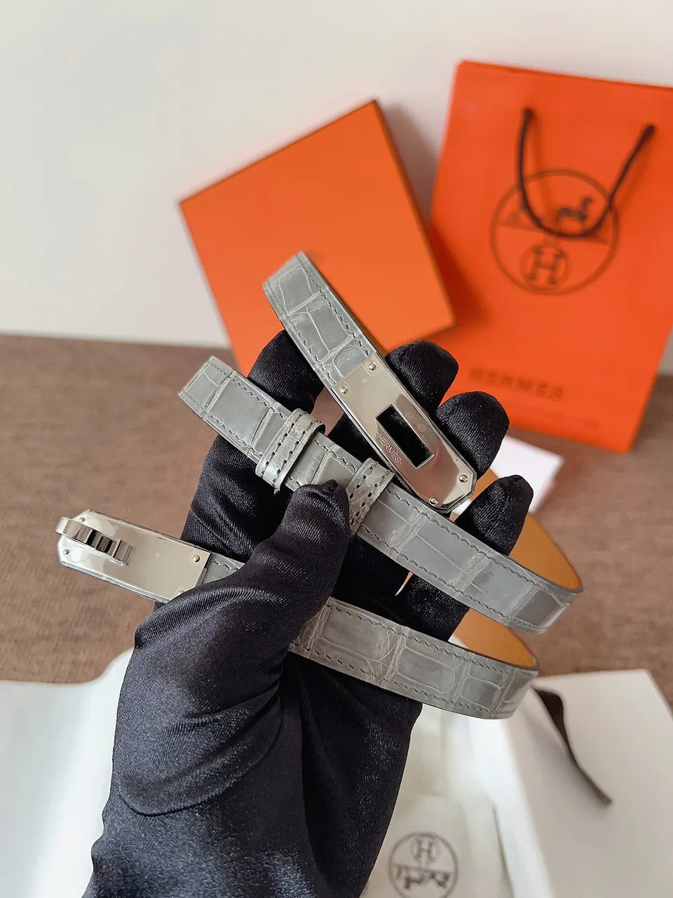 Hermes Alligator Gray Leather Belt