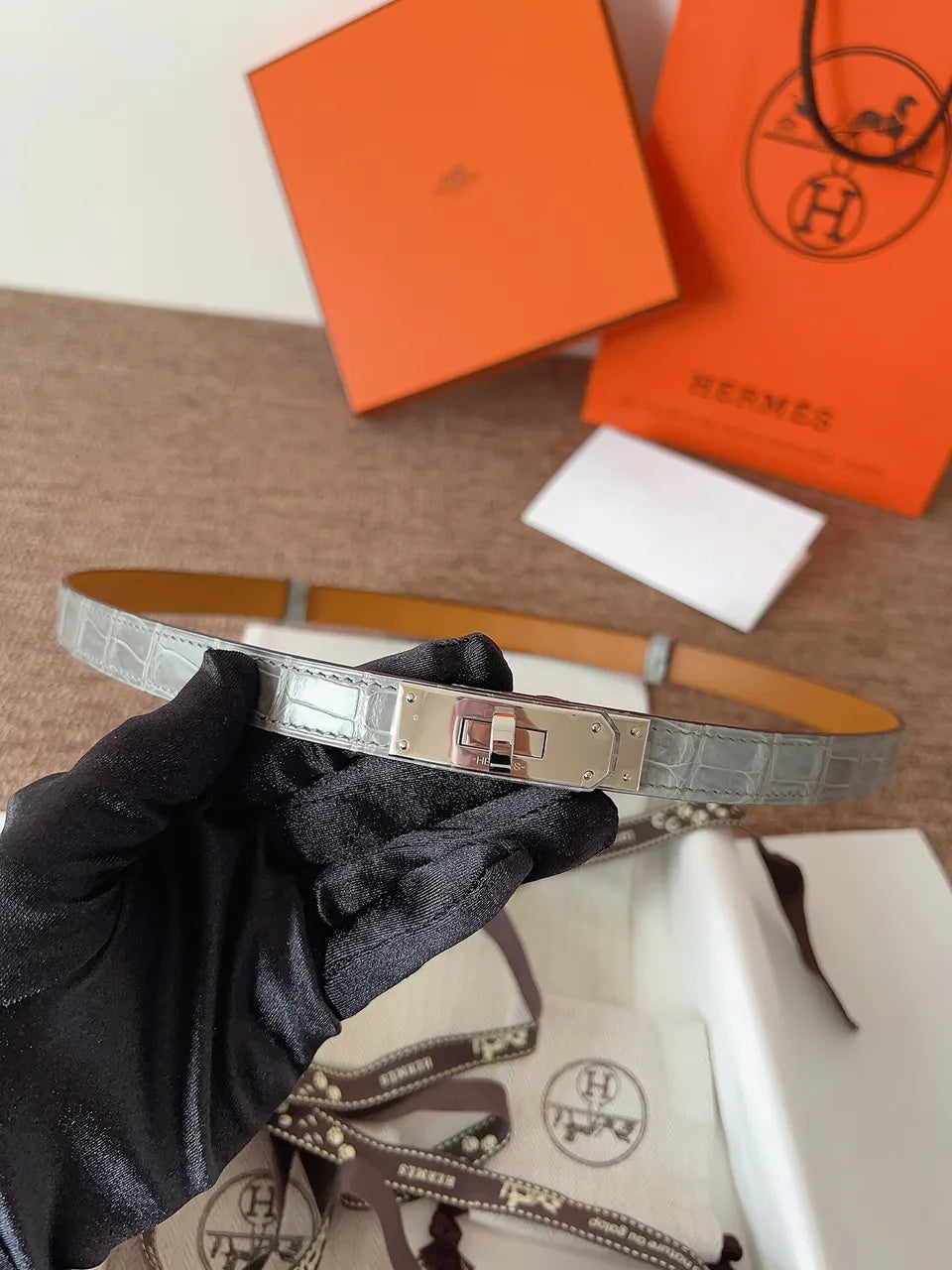 Hermes Alligator Gray Leather Belt - Hình 5