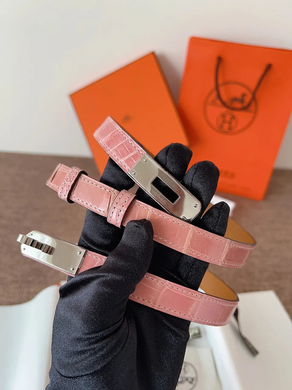 Hermes Rose Azalée Alligator Belt