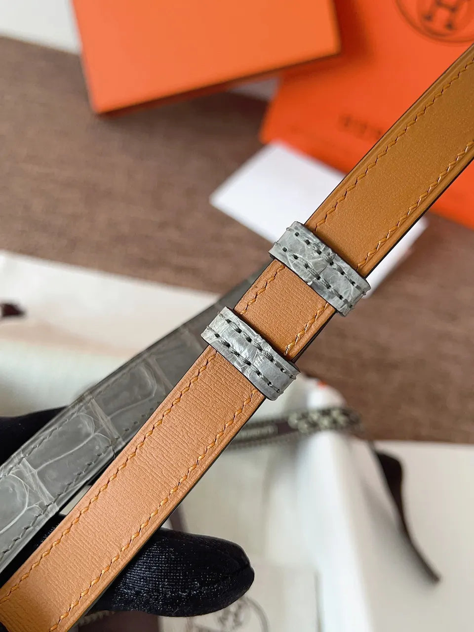 Hermes Alligator Gray Leather Belt - Hình 8