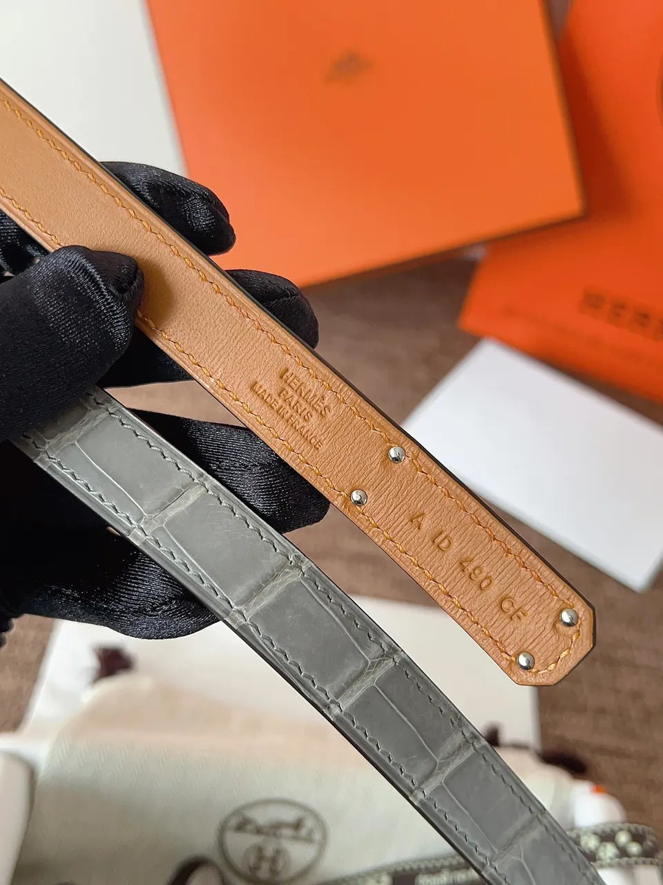 Hermes Alligator Gray Leather Belt - Hình 9