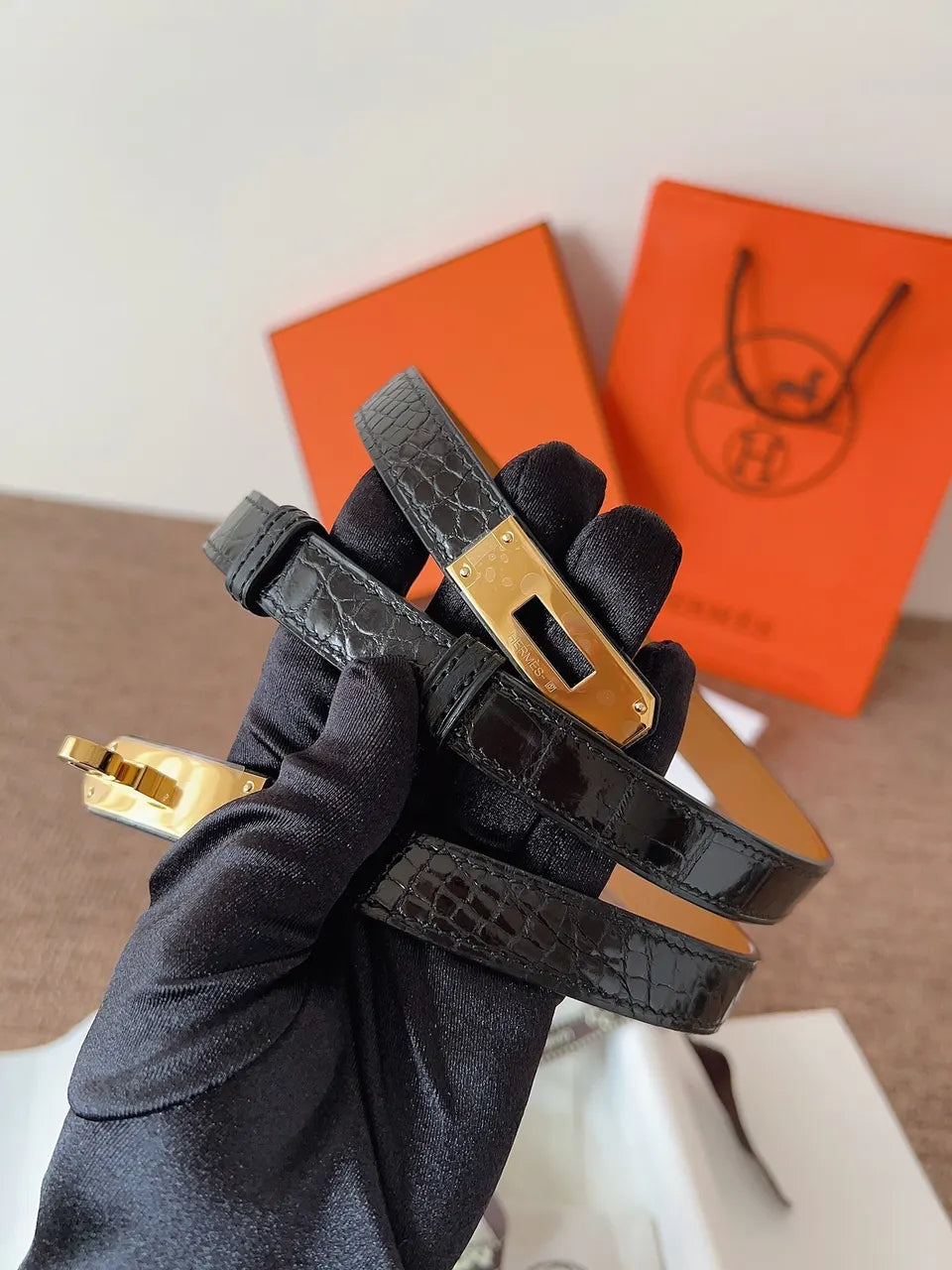 Hermes Black Crocodile Kelly Belt