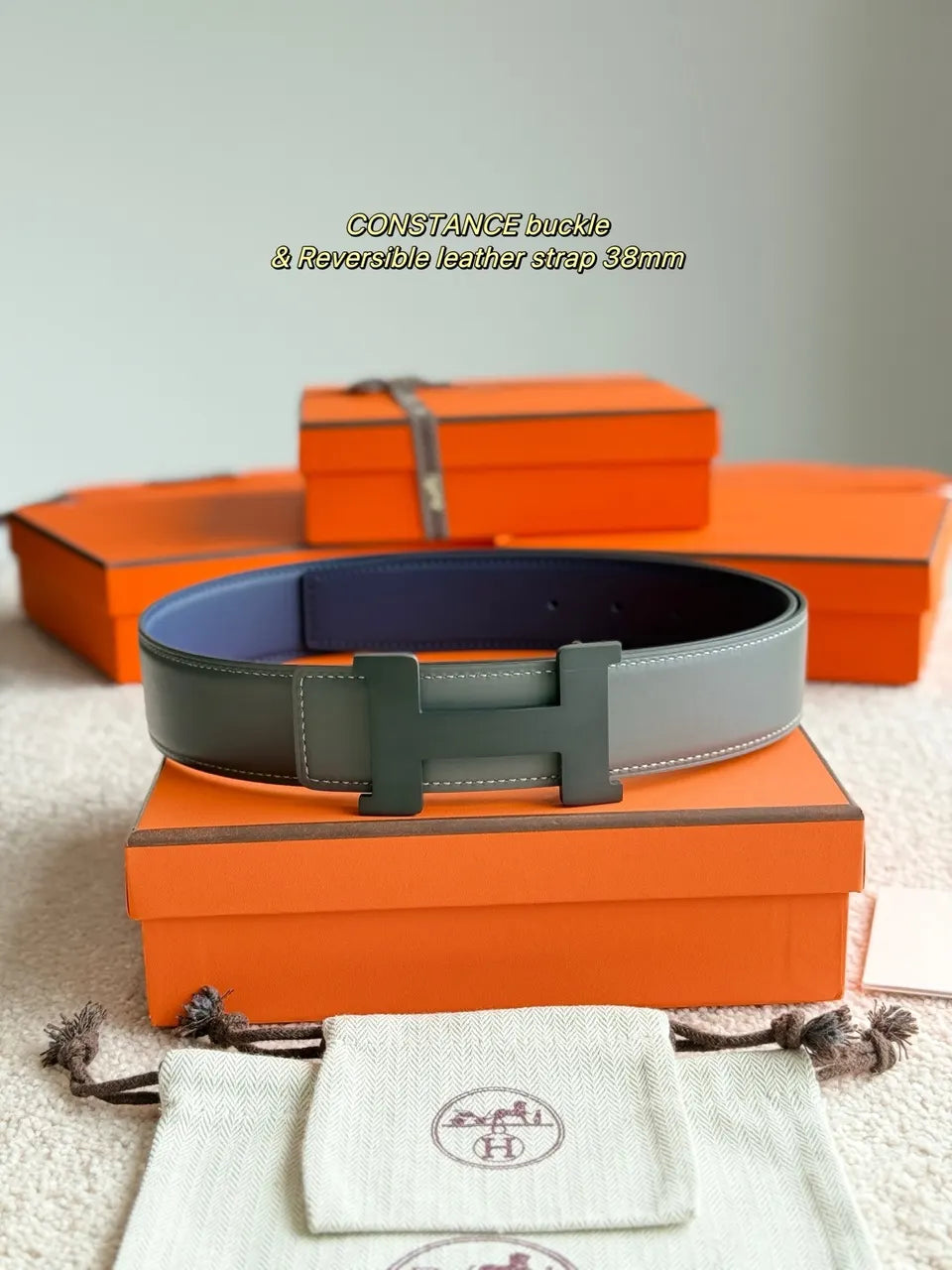 Hermes Grey Blue Reversible Belt