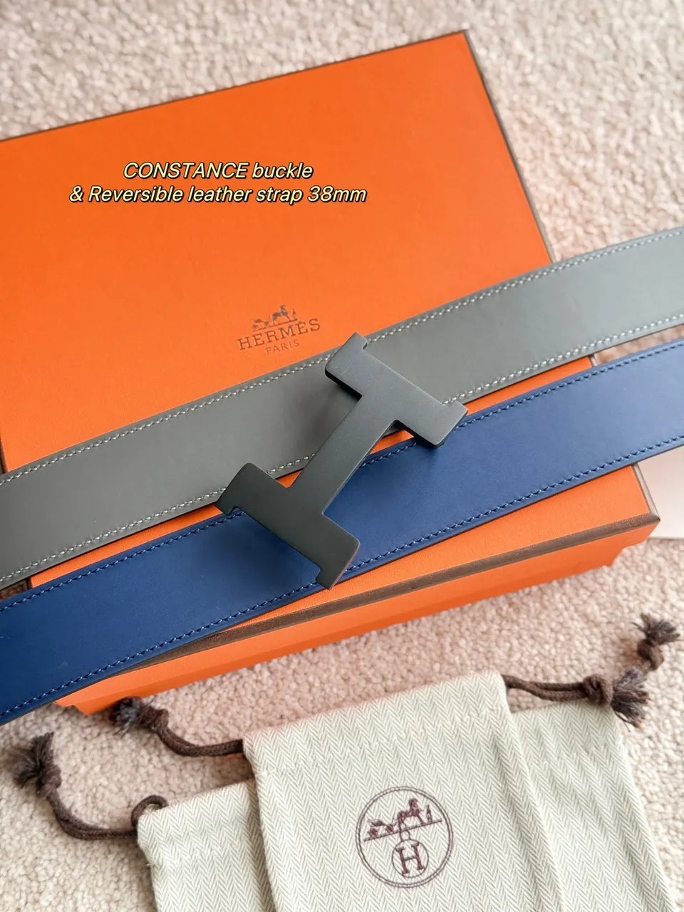Hermes Grey Blue Reversible Belt - Hình 3
