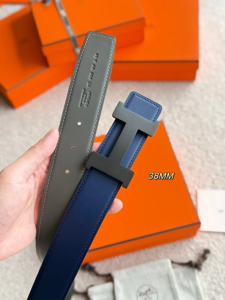 Hermes Grey Blue Reversible Belt - Hình 4