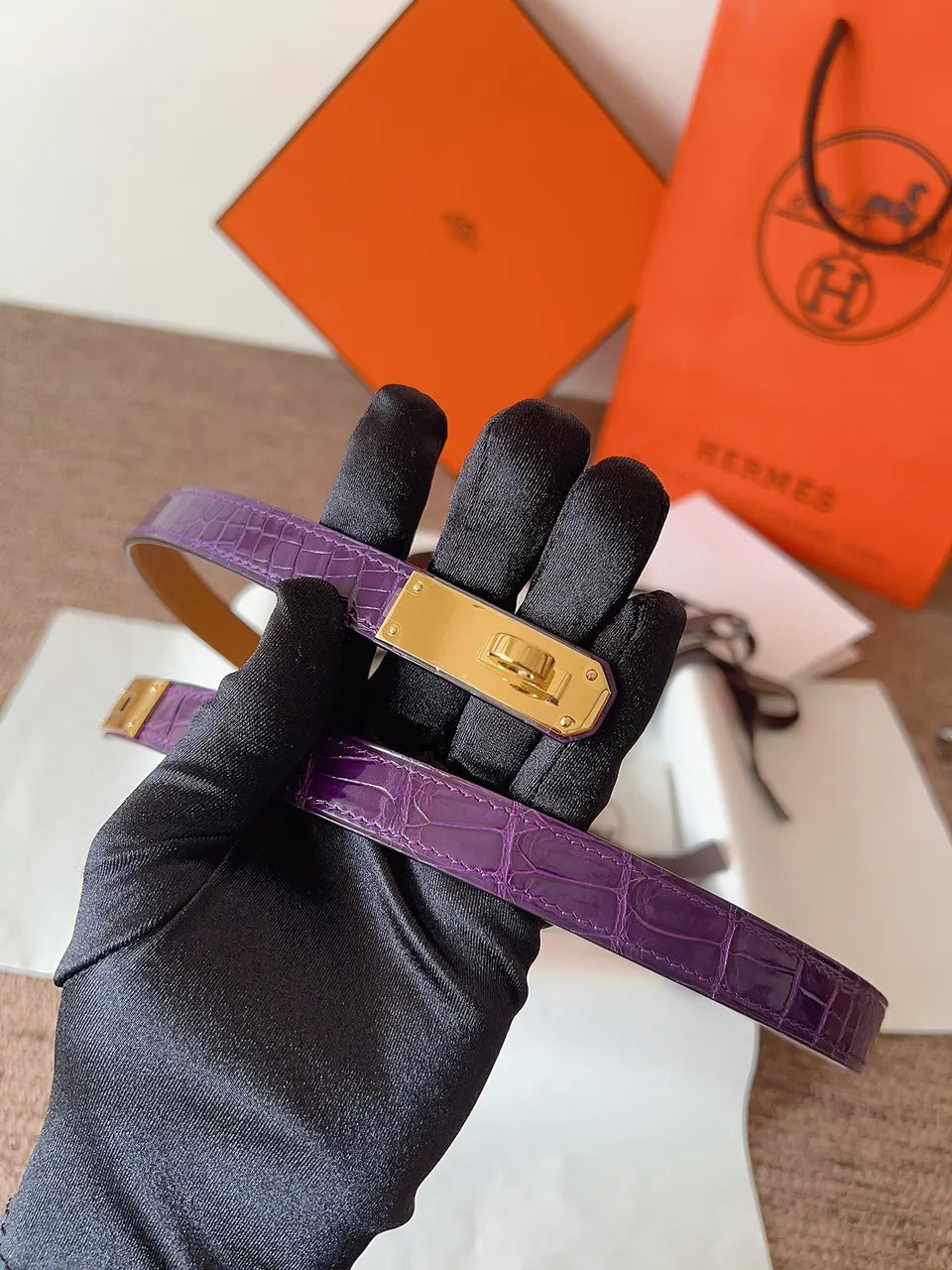 Hermes Purple Crocodile Belt - Hình 6