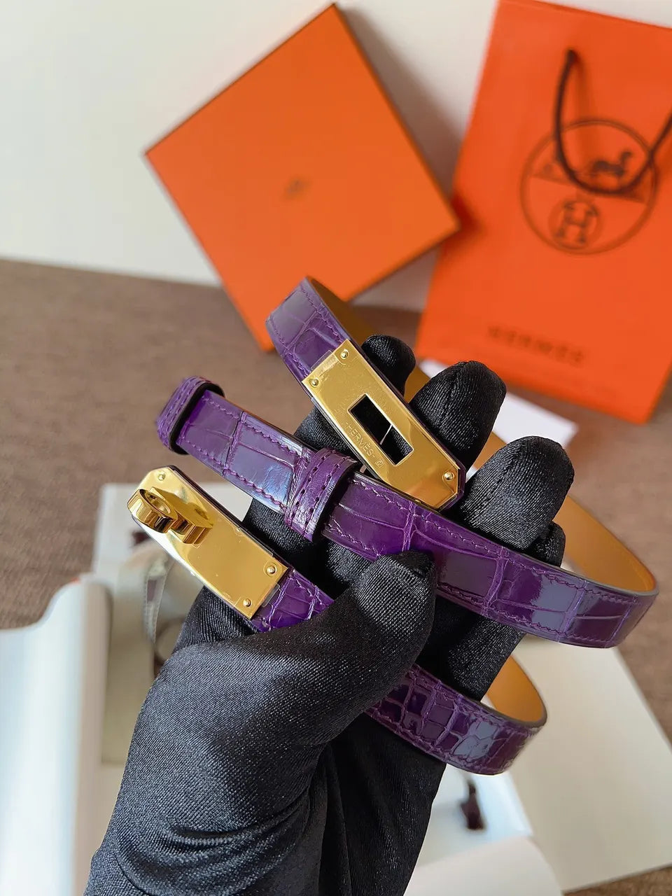 Hermes Purple Crocodile Belt - Hình 7