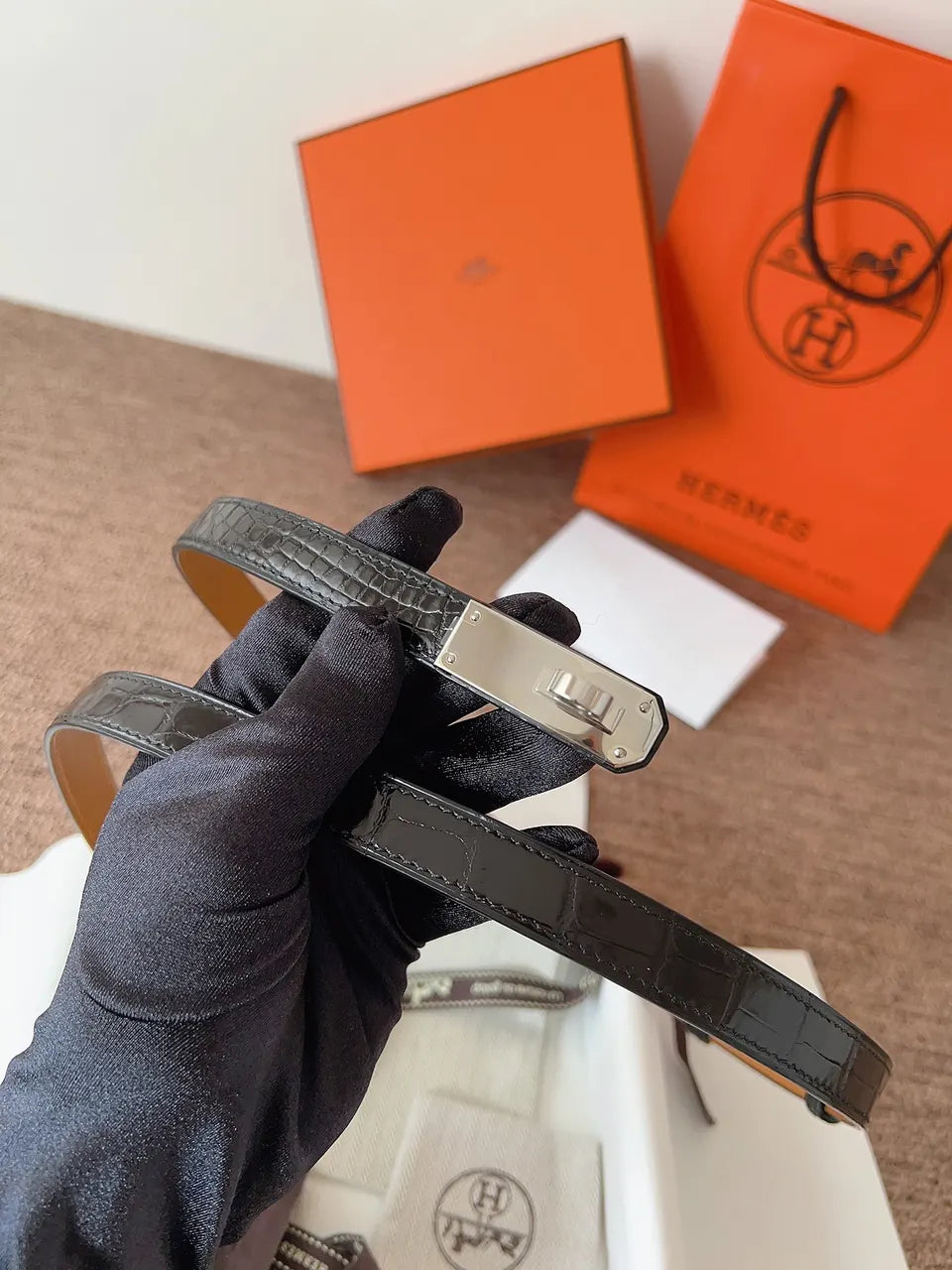 Hermes Shiny Black Alligator Belt