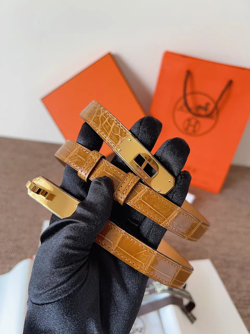 Hermes Gold Alligator Skinny Belt