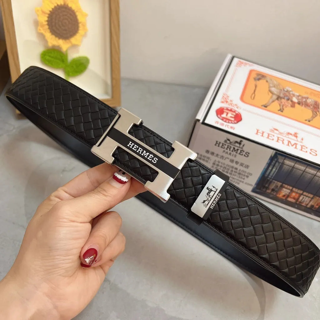 silver Hermes Black Woven Leather Belt