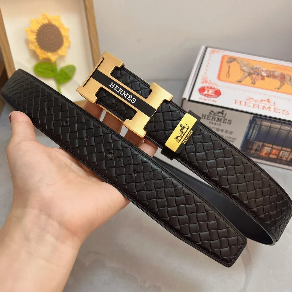 silver Hermes Black Woven Leather Belt - Hình 4