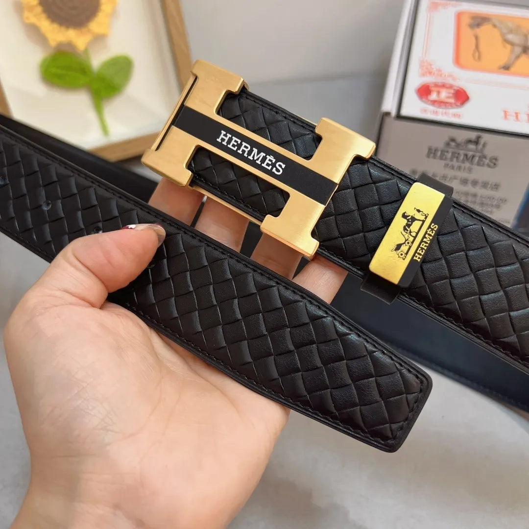 Hermes Black Woven Gold H Buckle Belt - Hình 2