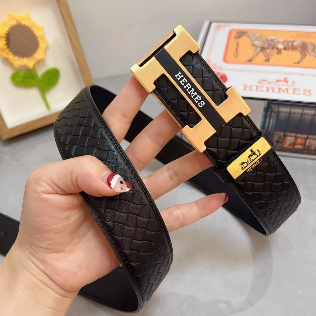 Hermes Black Woven Gold H Buckle Belt - Hình 3