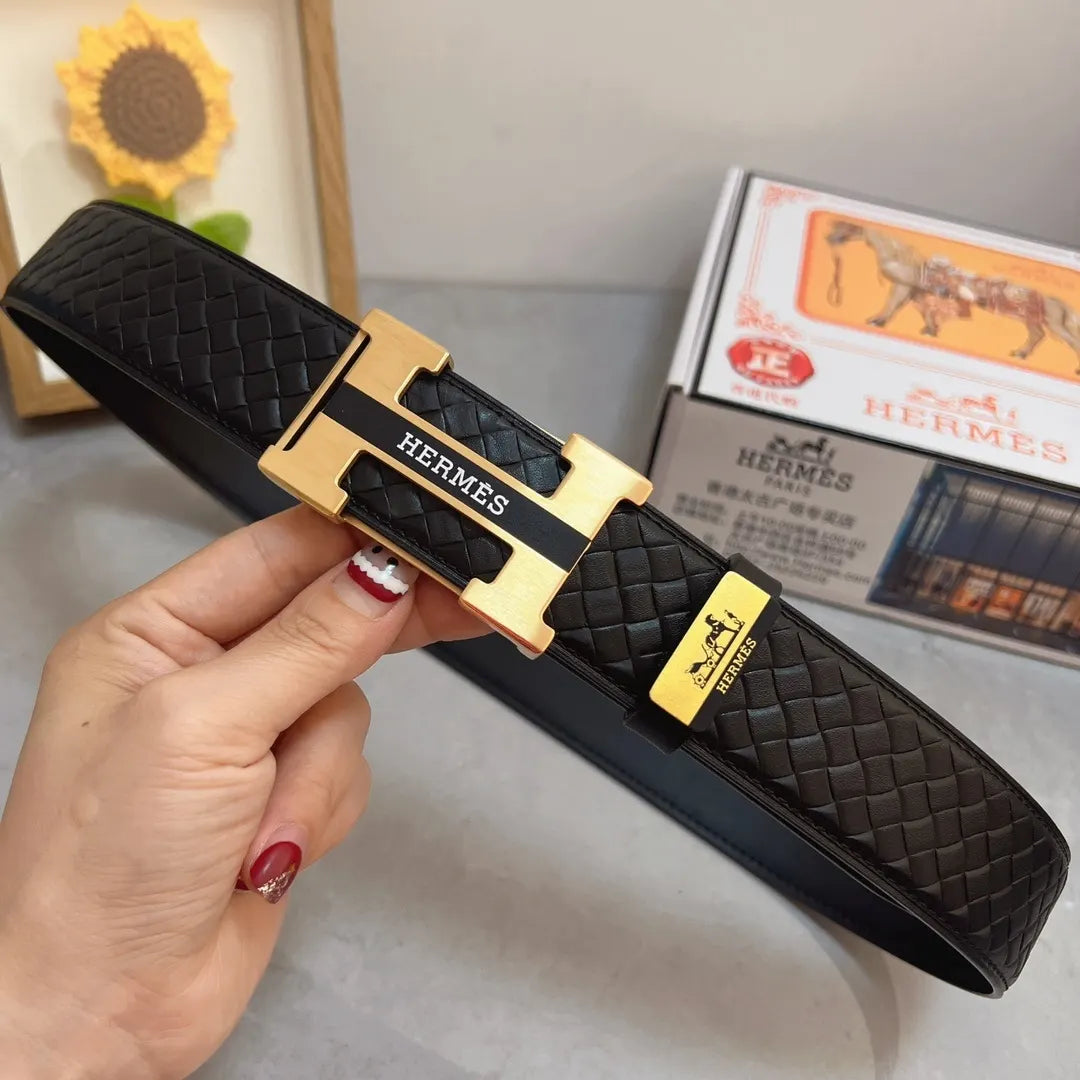 Hermes Black Woven Gold H Buckle Belt - Hình 4