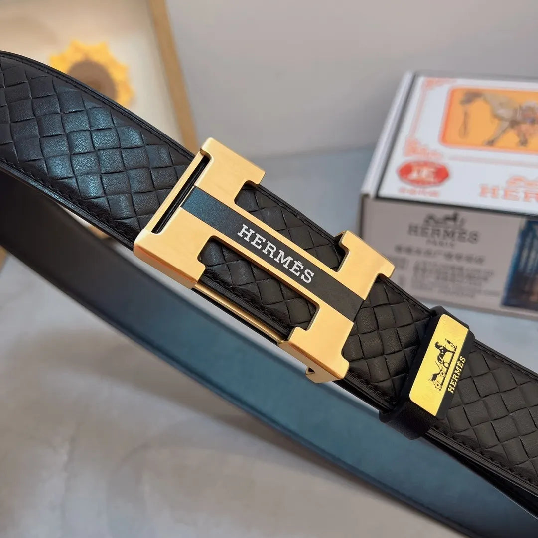 Hermes Black Woven Gold H Buckle Belt - Hình 5