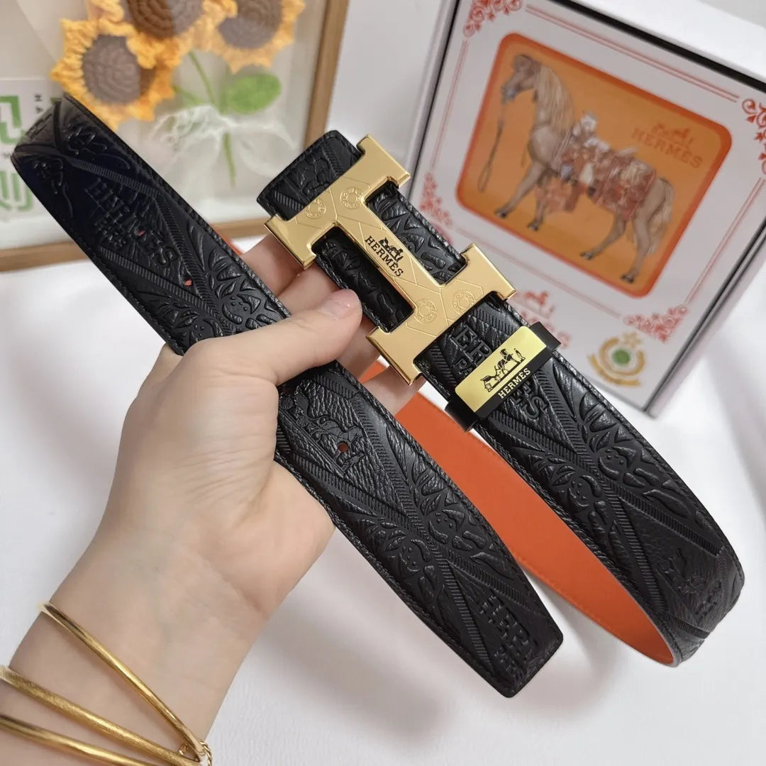 orange Hermes Embossed Leather Belt - Hình 3