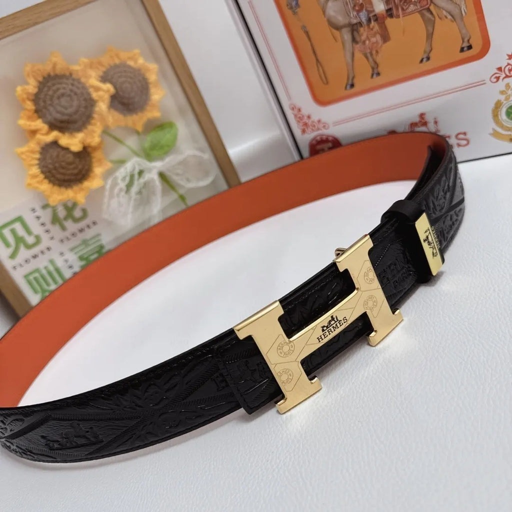 orange Hermes Embossed Leather Belt - Hình 5
