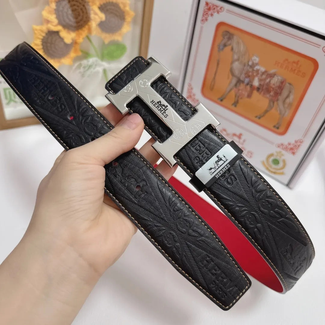 black Hermes Embossed Leather Belt Silver