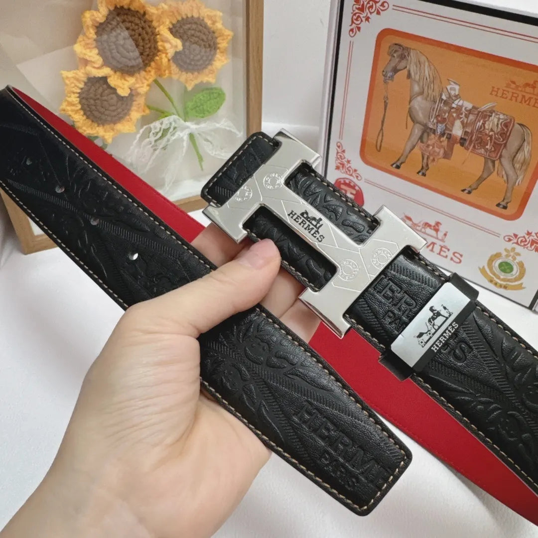 black Hermes Embossed Leather Belt Silver - Hình 2