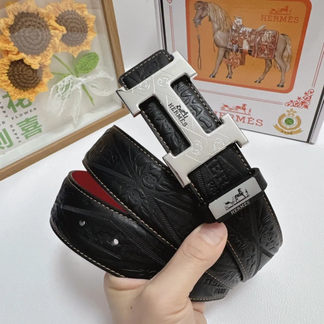 black Hermes Embossed Leather Belt Silver - Hình 3