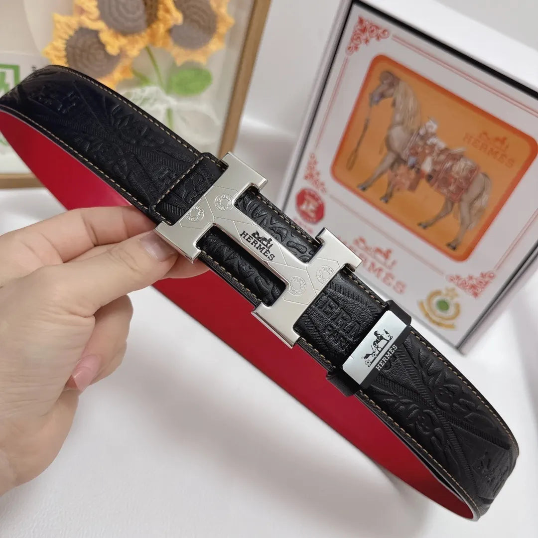 black Hermes Embossed Leather Belt Silver - Hình 4