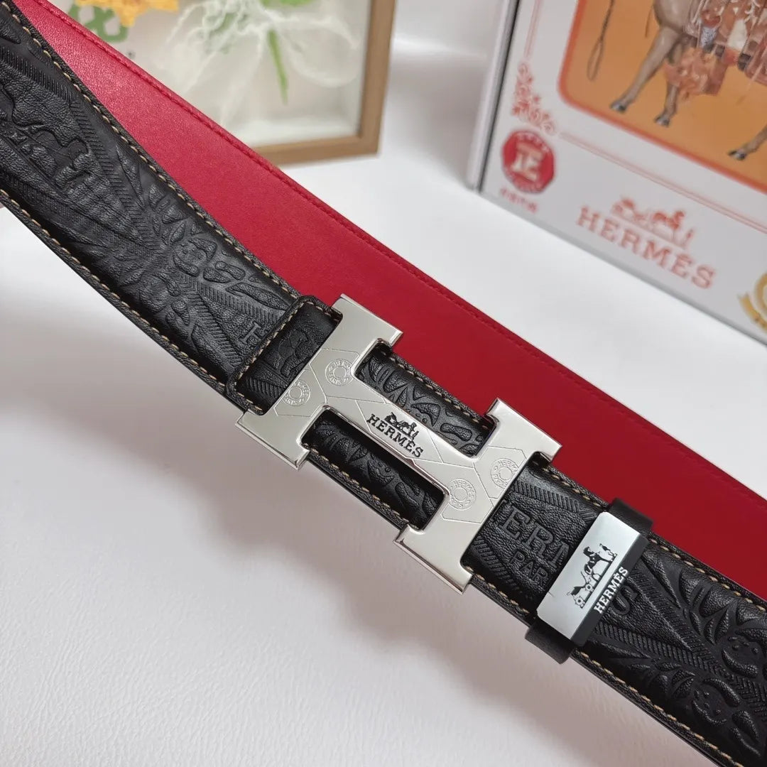 black Hermes Embossed Leather Belt Silver - Hình 5