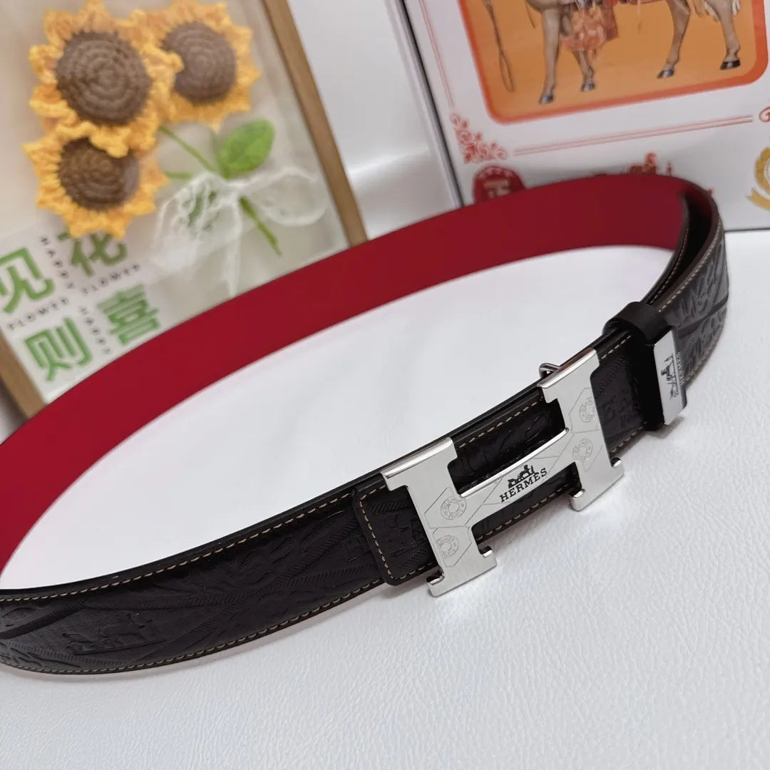 black Hermes Embossed Leather Belt Silver - Hình 6