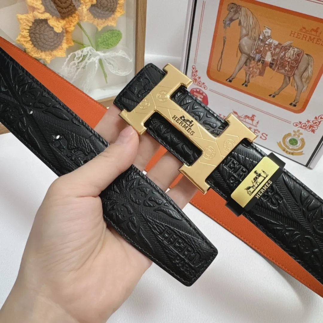 gold buckle Hermes Embossed Black Leather Belt - Hình 2