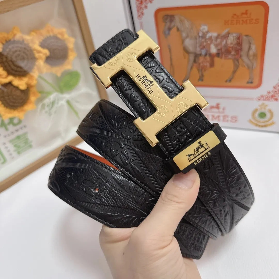 gold buckle Hermes Embossed Black Leather Belt - Hình 3