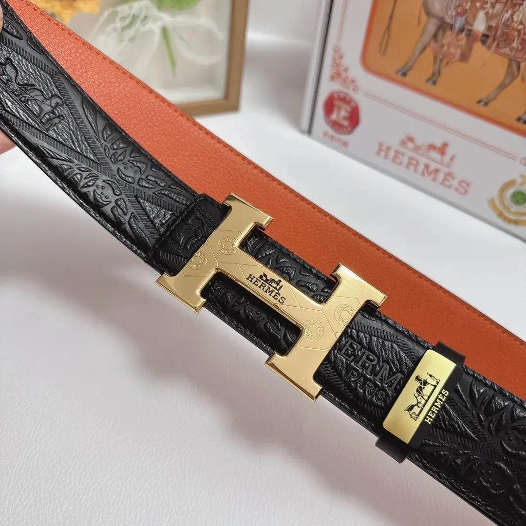 gold buckle Hermes Embossed Black Leather Belt - Hình 5
