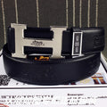 silver buckle Hermes Embossed Black Leather Belt