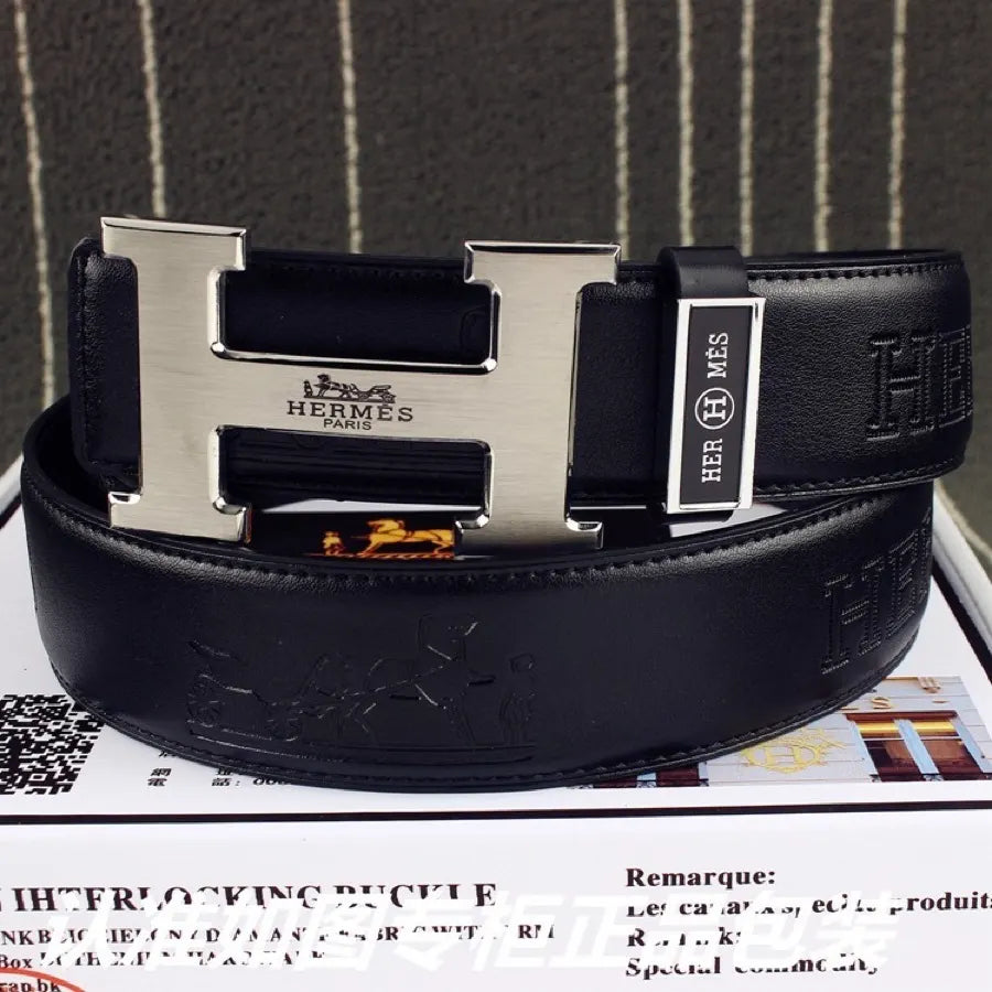 silver buckle Hermes Embossed Black Leather Belt