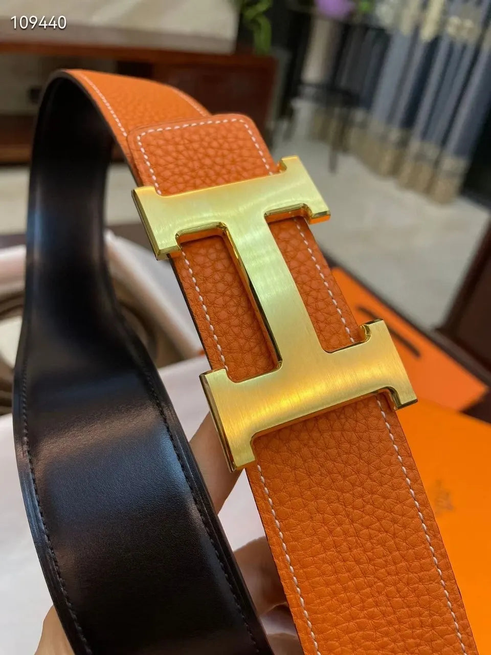 gold Hermes Orange Togo Leather Belt - Hình 2