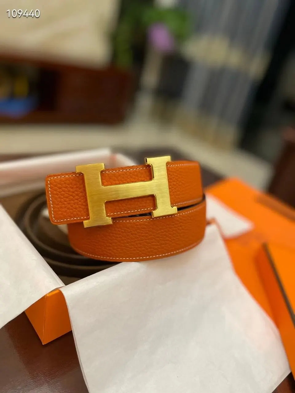 gold Hermes Orange Togo Leather Belt - Hình 3