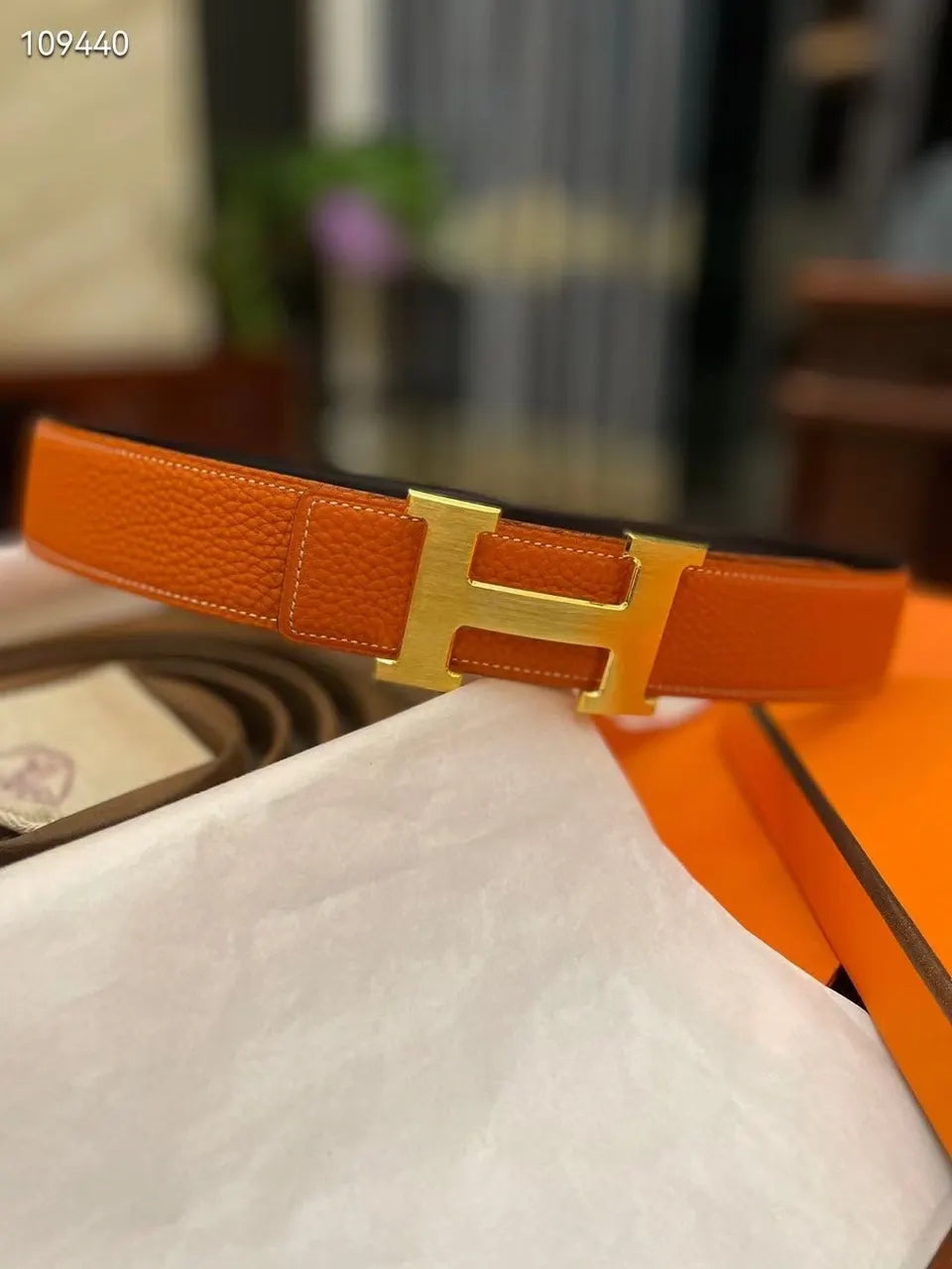gold Hermes Orange Togo Leather Belt - Hình 4
